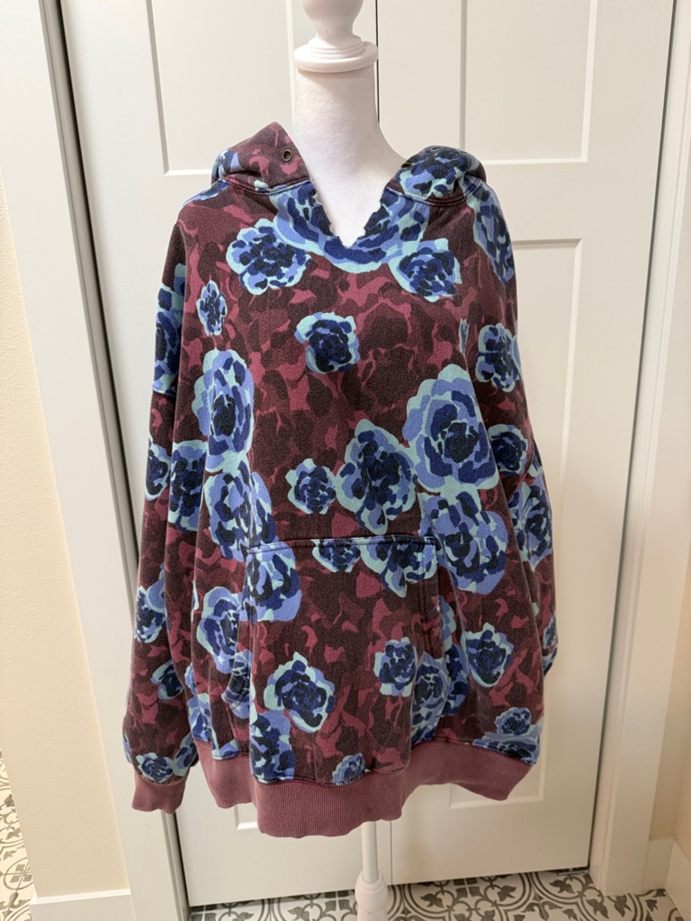 Floral Print Oversized Hooded Sweatshirt in Plum and Blue by We The Free